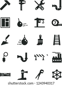 Solid Black Vector Icon Set - crane vector, big core, building trowel, window, small tools, adjustable wrench, long meashuring tape, wooden paint brush, stepladder, siphon, sewerage, level, plummet