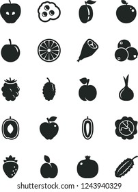 Solid Black Vector Icon Set - grill chicken leg vector, omelette, apple, peach, pomegranate, squash, tasty, raspberry, blackberry, blueberries, mulberry, delicious plum, ripe, sweet date fruit