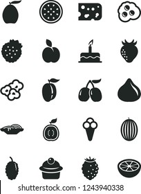 Solid Black Vector Icon Set - cake vector, piece of cheese, slices onion, muffin, popcorn, cone, omelette, strawberries, apple, strawberry, fig, tasty raspberry, mulberry, cornels, melon, loquat