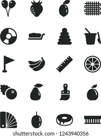 Solid Black Vector Icon Set - yardstick vector, pennant, stacking rings, children's sand set, colored air balloons, color samples, plastic brush, cake slice, with a hole, blueberries, pear, bananas
