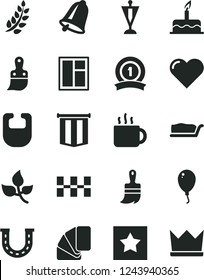 Solid Black Vector Icon Set - bib vector, balloon, cake, window, sample of colour, plastic brush, wooden paint, ceramic tiles, bell, heart, slice, cup tea, leaves, laurel branch, pennant, star, flag