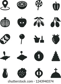 Solid Black Vector Icon Set - stacking toy vector, tumbler, sand set, yule, small, Chupa Chups, lollipop, strawberries, half pomegranate, tasty apple, strawberry, rose hip, cornels, of medlar