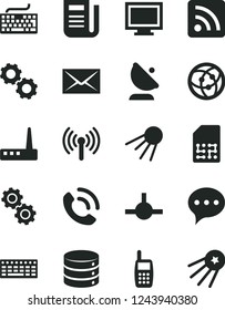Solid Black Vector Icon Set - monitor window vector, envelope, keyboard, rss feed, speech, big data, phone call, artificial satellite, antenna, SIM, newspaper, mobile, router, network, connect