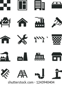 Solid Black Vector Icon Set - wicker pot vector, house, concrete mixer, window, small tools, paint roller, ladder, siphon, buildings, tile, building block, spatula, road fence, home, factory, kiosk