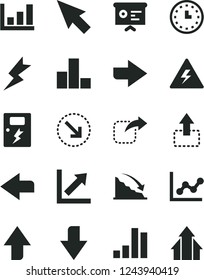 Solid Black Vector Icon Set - danger of electricity vector, upward direction, downward, right, left, bar chart, graph, growth, lightning, dangers, move up, bottom arrow, recession, wall watch