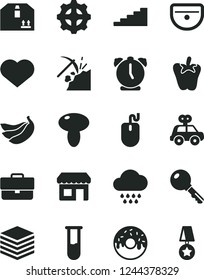 Solid Black Vector Icon Set - heart symbol vector, briefcase, cloud, motor vehicle present, sink, alarm clock, key, pile, cardboard box, mushroom, glazed cake with a hole, peper, bananas, gear