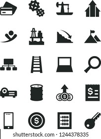 Solid Black Vector Icon Set - new abacus vector, stepladder, smartphone, sea port, oil derrick, barrel, gears, recession, scheme, article on the dollar, notebook pc, projector, zoom, growth arrows