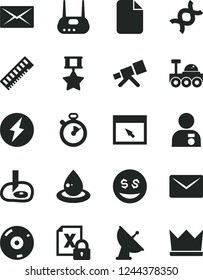 Solid Black Vector Icon Set - drop of oil vector, encrypting, memory, router, cd, browser, mail, file, telescope, dna, artifical insimination, satellite antenna, lunar rover, stopwatch, electricity