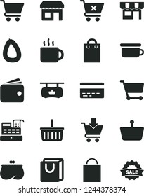 Solid Black Vector Icon Set - paper bag vector, grocery basket, bank card, children's potty, cart, put in, crossed, with handles, kiosk, stick of sausage, cup tea, shopping, wallet, purse, sale