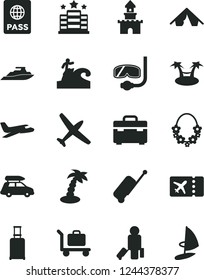 Solid Black Vector Icon Set - suitcase vector, passport, sand castle, plane, car baggage, passenger, rolling, ticket, case, tent, palm tree, hawaii wreath, diving mask, surfing, hotel, hammok, yacht