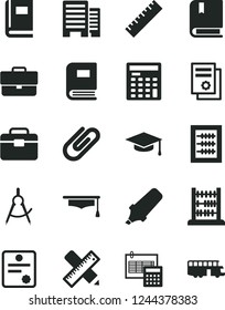 Solid Black Vector Icon Set - briefcase vector, yardstick, new abacus, e, portfolio, buildings, writing accessories, calculation, clip, scribed compasses, text highlighter, scientific publication