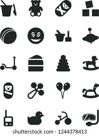 Solid Black Vector Icon Set - baby rattle vector, duckling, bath ball, stacking rings, roly poly doll, tumbler, toy phone, sand set, children's, small teddy bear, yule, rocking horse, tricycle