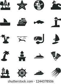 Solid Black Vector Icon Set - small fish vector, sea port, commercial seaport, coastal lighthouse, planet, sand castle, beach, palm tree, starfish, flippers, diving mask, surfing, handwheel, jet ski