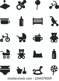 Solid Black Vector Icon Set - baby cot vector, dummy, mug for feeding, bottle, measuring, diaper, stroller, carriage, summer, toy sand set, children's potty, chair, teddy bear, small, yule, tricycle