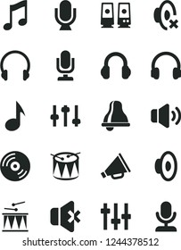 Solid Black Vector Icon Set - bell vector, desktop microphone, horn, loudspeaker, silent mode, drumroll, drum, headphones, music, CD, volume, no sound, pc speaker, note, settings