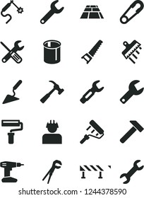 Solid Black Vector Icon Set - paint roller vector, repair key, safety pin, building trowel, small tools, adjustable wrench, drill, hand saw, spatula, paving slab, road fence, hammer, with claw