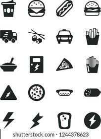Solid Black Vector Icon Set - lightning vector, dangers, car, sausage, pizza, piece of, Hot Dog, mini, big burger, a bowl buckwheat porridge, French fries, fried potato slices, Chinese chopsticks