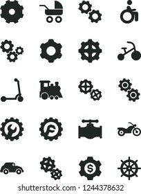 Solid Black Vector Icon Set - truck lorry vector, baby carriage, children's train, tricycle, child Kick scooter, gears, cogwheel, gear, star, valve, retro car, dollar, motorcycle, disabled