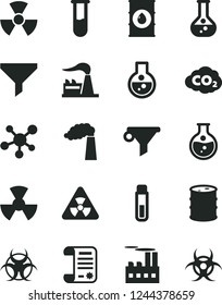 Solid Black Vector Icon Set - round flask vector, manufacture, factory, oil, barrel, industrial building, radiation, carbon dyoxide, filter, water, research article, test tube, molecule, nuclear