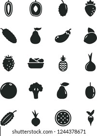 Solid Black Vector Icon Set - lettuce in a plate vector, cucumber, beet, pineapple, pear, raspberry, tasty, mulberry, delicious plum, passion fruit, sweet date, yellow lemon, half of, grapefruit