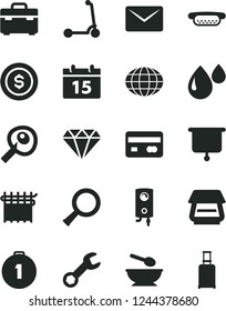 Solid Black Vector Icon Set - deep plate with a spoon vector, child Kick scooter, suitcase, boiler, calendar, mini hot dog, cloth industry, drop, globe, reverse side of bank card, scanner, mail