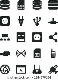 Solid Black Vector Icon Set - power socket type b vector, f, big data, electric plug, SIM card, connection, scheme, mobile phone, usb, router, network, browser, connect, lan connector, wireless