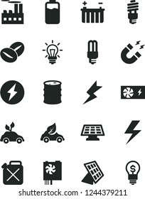 Solid Black Vector Icon Set - lightning vector, coffee beans, charge level, barrel, battery, industrial building, canister, energy saving bulb, mercury light, eco car, pc power supply, magnet, idea