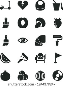 Solid Black Vector Icon Set - paint roller vector, pennant, baby bib, children's sand set, Kick scooter, concrete mixer, sample of colour, plastic brush, wooden, broken heart, eye, porcini