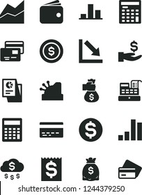 Solid Black Vector Icon Set - bank card vector, calculator, line chart, negative, cards, bar, dollar, financial item, get a wage, wallet, dollars, statistical research, engineer, cash machine, rain