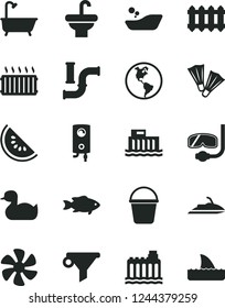 Solid Black Vector Icon Set - rubber duck vector, children's bathroom, bucket, washbasin, bath, new radiator, boiler, fish, slice of water melon, marine propeller, pipes, planet Earth, aluminum
