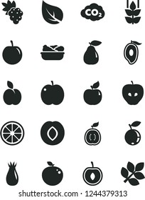 Solid Black Vector Icon Set - lettuce in a plate vector, apple, mint, grape, pear, apricot, tasty, plum, rose hip, blueberry, half of mango, cherry, juicy lemon, delicious, guawa, leaf, biology