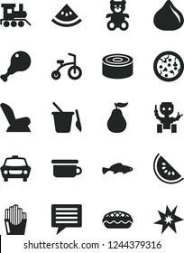 Solid Black Vector Icon Set - image of thought vector, car child seat, children's sand set, potty, teddy bear, baby toy train, bicycle, canned goods, pizza, apple pie, chicken leg, small fish, fig