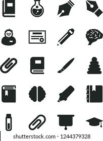 Solid Black Vector Icon Set - tassel vector, clip, graphite pencil, book, stacking rings, notebook, round flask, text highlighter, test tube, brain, scientist, presentation board, patente, ink pen
