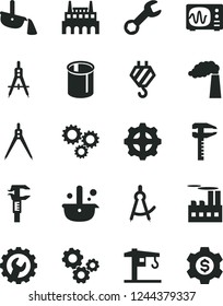 Solid Black Vector Icon Set - crane vector, hook, gear, manufacture, industrial building, factory, pipes, Measuring compasses, calipers, caliper, metallurgy, steel production, gears, three, repair