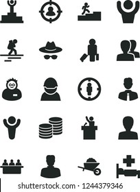 Solid Black Vector Icon Set - woman vector, women, hat with glasses, garden trolley, employee, coins, racer, court hearing, man in sight, goal, scientist, winner, podium, carrer stairway, hands up