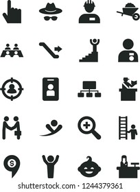 Solid Black Vector Icon Set - zoom vector, hat with glasses, funny hairdo, workman, garden trolley, index finger, man in sight, scheme, conversation, winner stairway, hands up, medal, ladder, flying