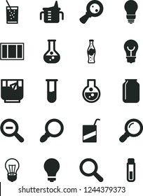 Solid Black Vector Icon Set - matte light bulb vector, magnifier, zoom out, measuring cup for feeding, e, window frame, a glass of soda, tea, bottle, flask, jar, magnifying, test tube