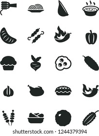 Solid Black Vector Icon Set - fried vegetables on sticks vector, onion, noodles, cake, apple pie, porridge in a saucepan, lettuce plate, chicken, meat skewers, cabbage, cucumber, chili, garlic, hot