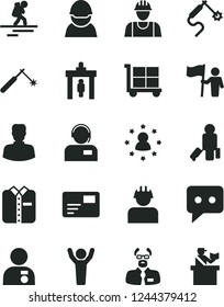 Solid Black Vector Icon Set - cargo trolley vector, builder, pass card, operator, folded shirt, racer, welding, gas, woman, think, scientist, man hands up, with medal, hold flag, stars around