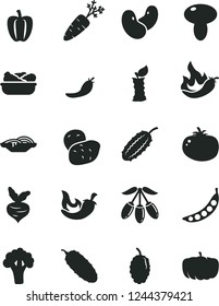 Solid Black Vector Icon Set - slices of onion vector, mushroom, lettuce in a plate, cucumber, tomato, chili, mulberry, goji berry, apple stub, Bell pepper, red, hot, potato, carrot, beet, peas