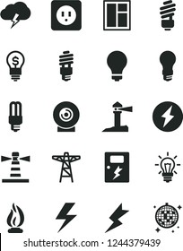 Solid Black Vector Icon Set - lightning vector, matte light bulb, window, saving, power socket type b, dangers, storm cloud, lens, pole, energy, mercury, lighthouse, coastal, flame, electricity