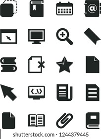 Solid Black Vector Icon Set - monitor window vector, bookmark, clean sheet of paper, zoom, book, books, star, address, delete page, clip, copy, calendar, newspaper, browser, coding, cursor, file
