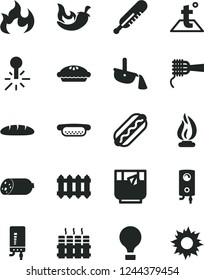 Solid Black Vector Icon Set - mercury thermometer vector, temperature, radiator, new, boiler, electronic, sausage, loaf, Hot Dog, mini, noodles, pie, chili, a glass of tea, steel production, flame