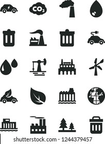 Solid Black Vector Icon Set - dust bin vector, drop, working oil derrick, leaf, wind energy, manufacture, factory, hydroelectric station, hydroelectricity, forest, industrial building, eco car