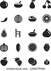 Solid Black Vector Icon Set - a chair for feeding vector, bowl of buckwheat porridge, rice, plate fruit, biscuit, cherry, half pomegranate, grape, red apple, fig, tasty raspberry, water melon, date