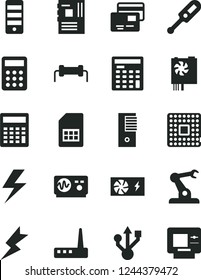 Solid Black Vector Icon Set - lightning vector, calculator, electronic thermometer e, cards, processor, assembly robot, SIM card, engineer, pc power supply, tower, motherboard, usb, router, resistor
