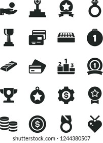 Solid Black Vector Icon Set - brick vector, cards, pedestal, coins, catch a coin, winner podium, prize, gold cup, star medal, first place, ribbon, diamond ring, bar, dollar, gear, credit card