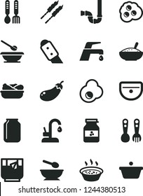 Solid Black Vector Icon Set - deep plate with a spoon vector, plates and spoons, plastic fork, iron, sink, siphon, knife, faucet mixer, kitchen, bowl of rice porridge, in saucepan, lettuce, barbecue