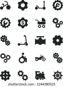 Solid Black Vector Icon Set - truck lorry vector, baby carriage, children's train, tricycle, Kick scooter, child, cogwheel, gear, star, valve, gears, three, dollar, motorcycle, disabled, handwheel