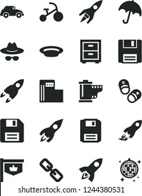 Solid Black Vector Icon Set - floppy disk vector, spectacles, hat with glasses, camera roll, bedside table, tricycle, child shoes, umbrella, plate, modern gas station, retro car, vintage sign, space